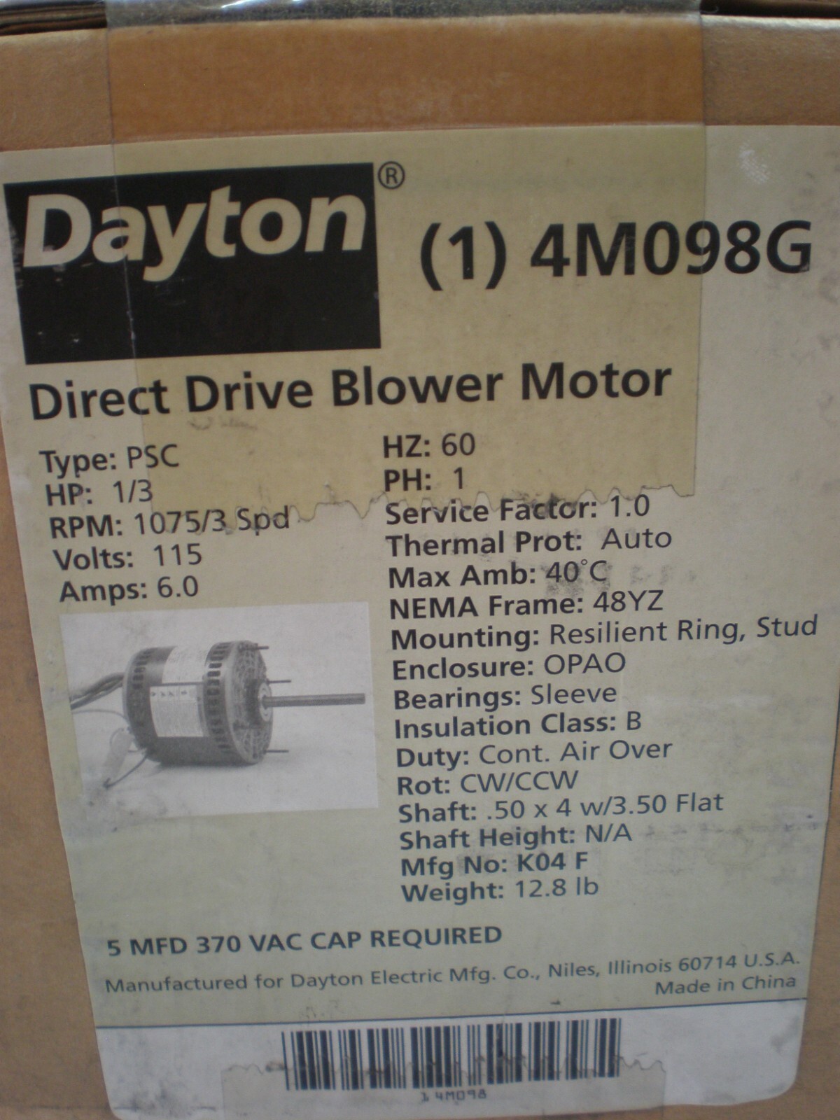 DAYTON 4M100G D/D Blower Motor 3 Speed, Open Air-Over, Ring/Stud Mount, 1/2 HP