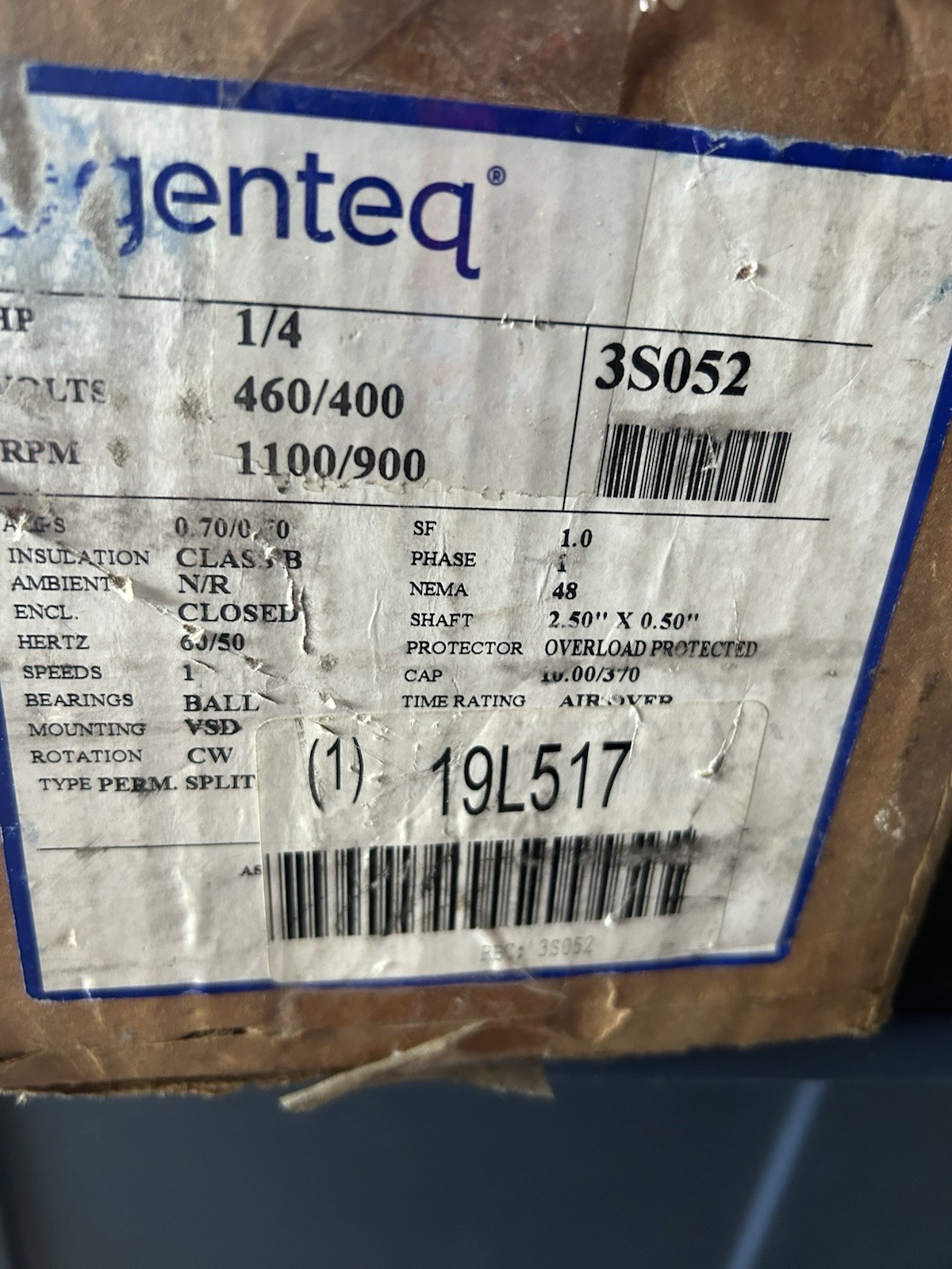 Genteq 3S052 19L517 HVAC Motor 1/4HP 460/400V 1100/900RPM CW BB
