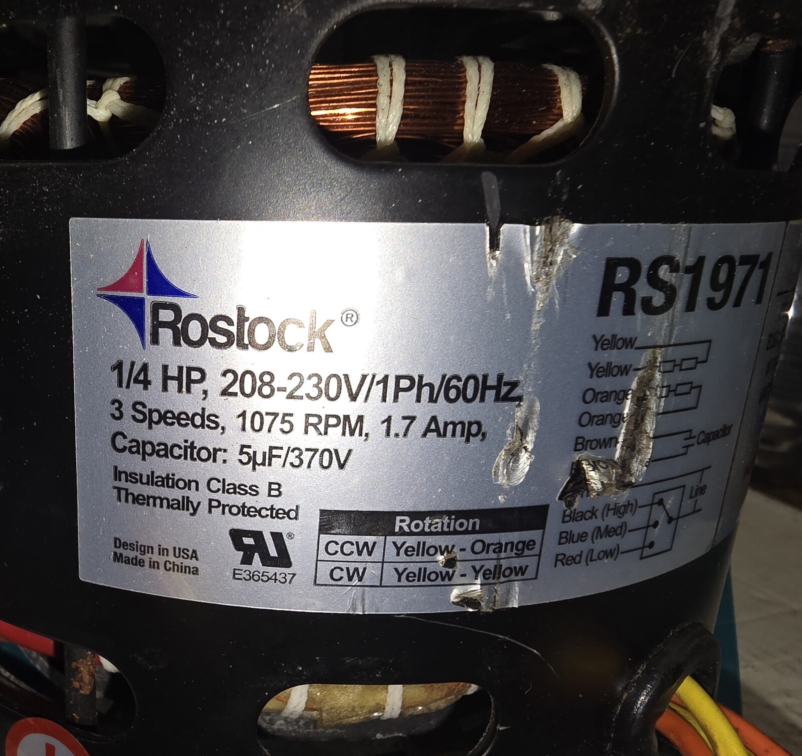 ROSTOCK(US Motors) RS 1971 Direct Drive Blower Motor 208-230V 1/4 HP 1075 RPM