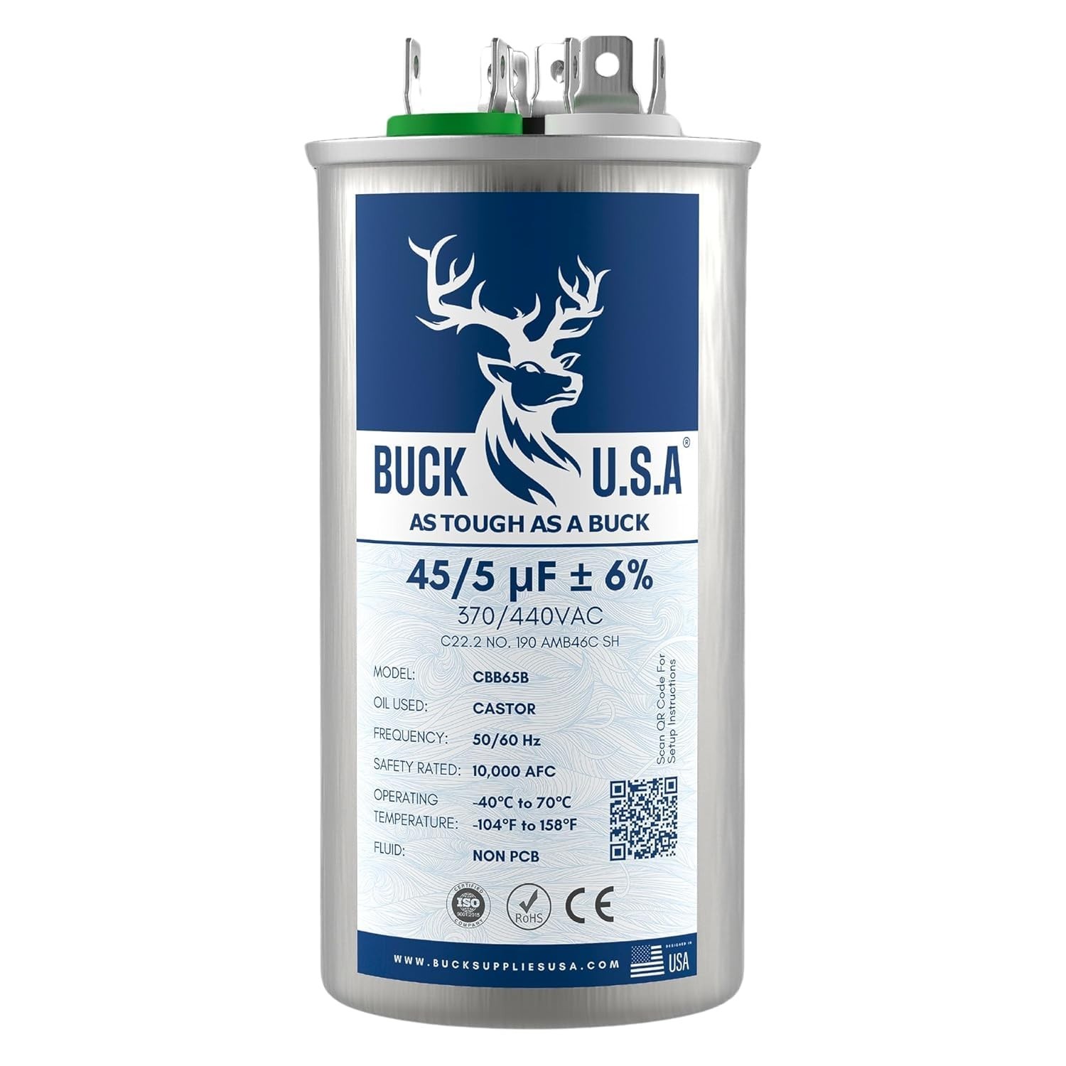 Dual Run Round Start Capacitor 45/5 MFD ±6% for HVAC, AC, Heat Pump, 370/440VAC