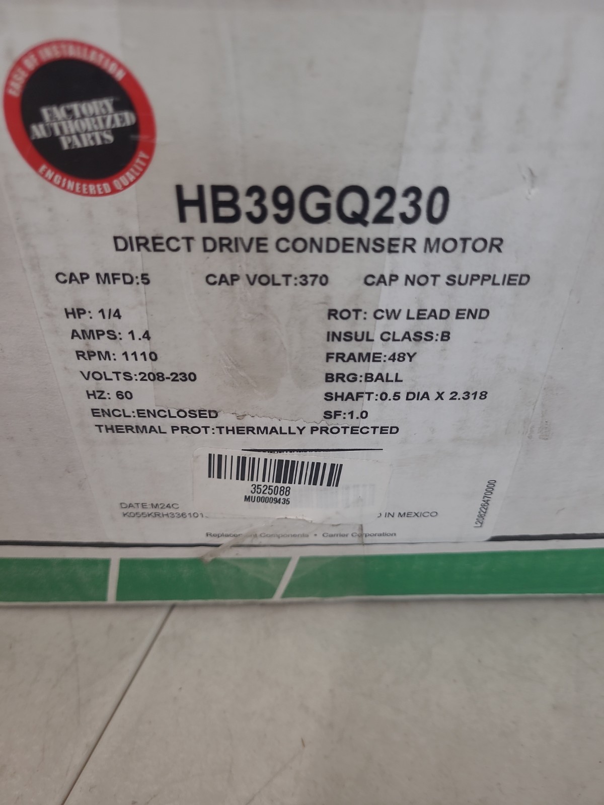 Carrier 1/4 HP Single Phase Condenser Motor Fan, 208-230V, HB39GQ230