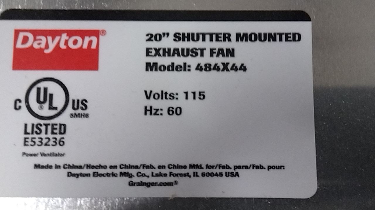 Dayton 484X44 1/3 HP 1550 RPM 115VAC 20 In Blade Dia Shutter Mount Exhaust Fan