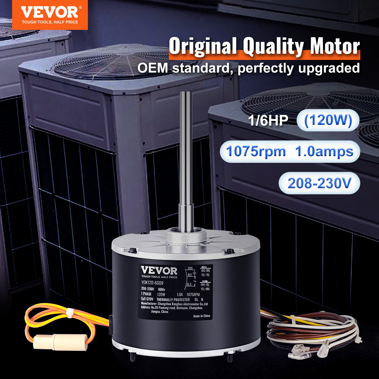 VEVOR Condenser Fan Motor 1/6HP 1075RPM 1.0A 208-230V OGD1016