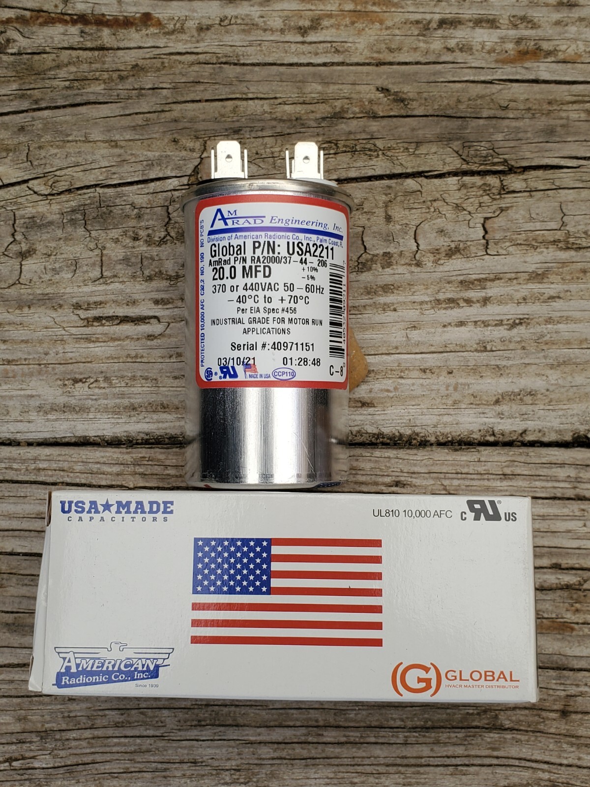 AmRad USA2211 Round Run Capacitor 20 uF MFD 370 / 440 Volt Made in USA