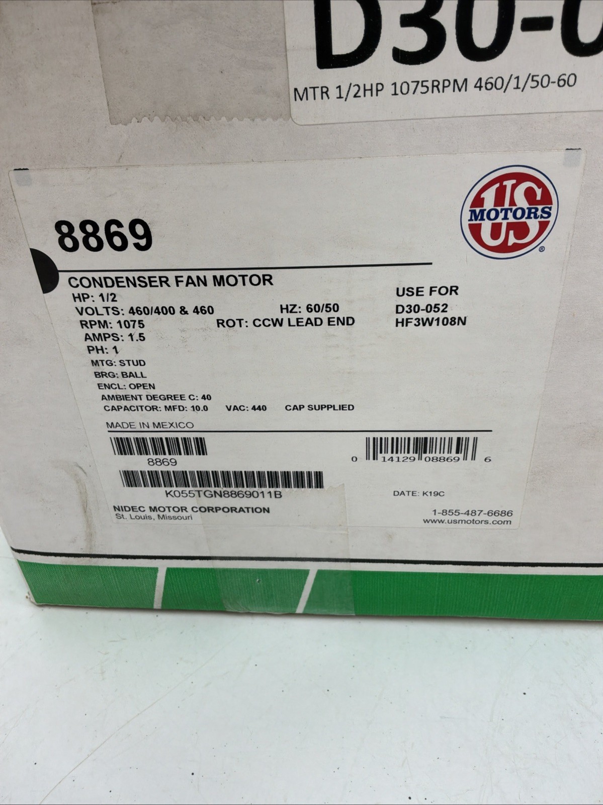 US Motors Condenser Fan Motor 460/400v Amps 1.5 HZ 60/50 8869