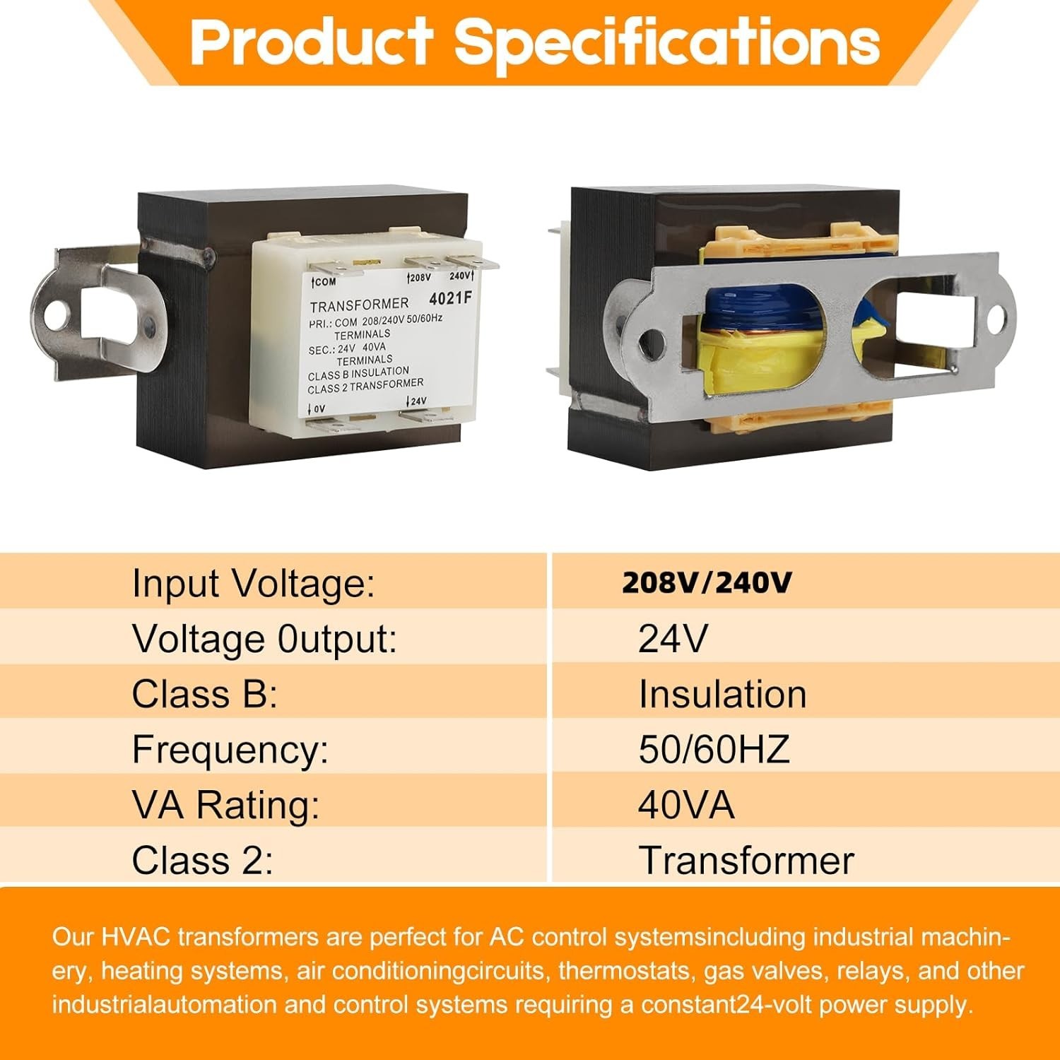 24V Furnace Transformer, 240V to 24V, 50/60Hz 40VA, for HVAC Equipment and Ga…