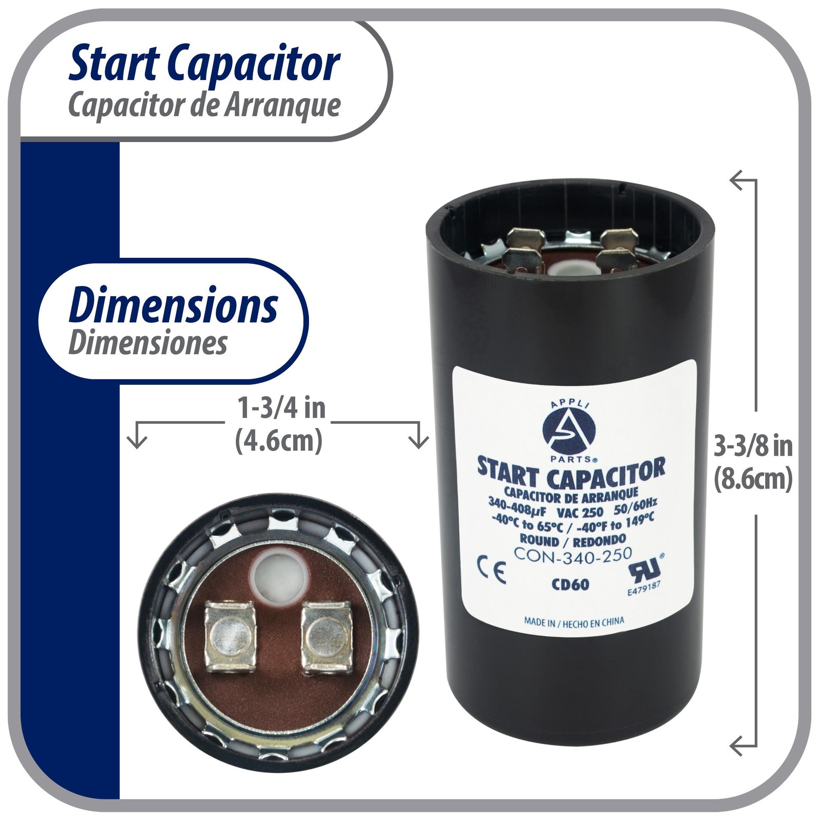 Appli Parts motor start capacitor 340-408 Mfd (microfarads) uF 250 VAC universal