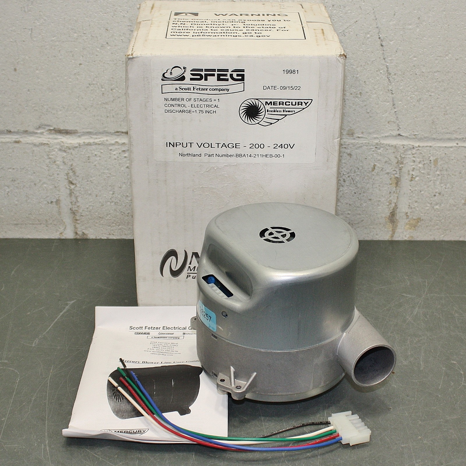 Northland Brushless Blower BBA14-211HEB-00, 400W, 230V AC, 4.5 A, 1 Stage, 1 PH