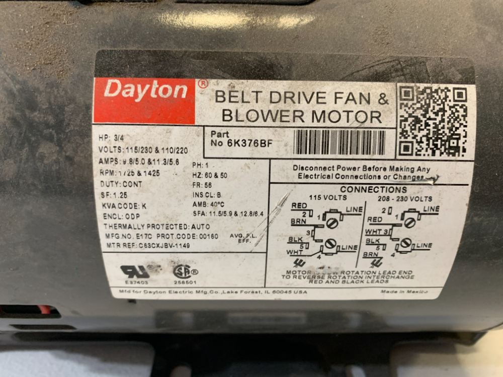 Dayton 6K376BF Belt Drive Fan & Blower Motor 3/4 HP 115/230V 1725 RPM