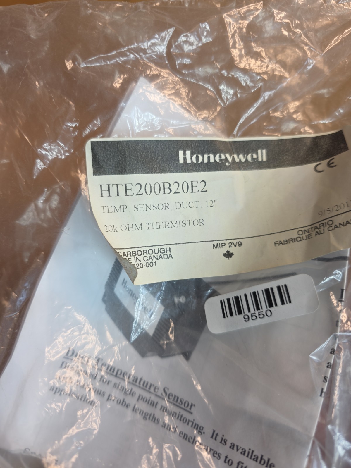 Honeywell HTE200B20E2 temp sensor Duct 12 in, thermister