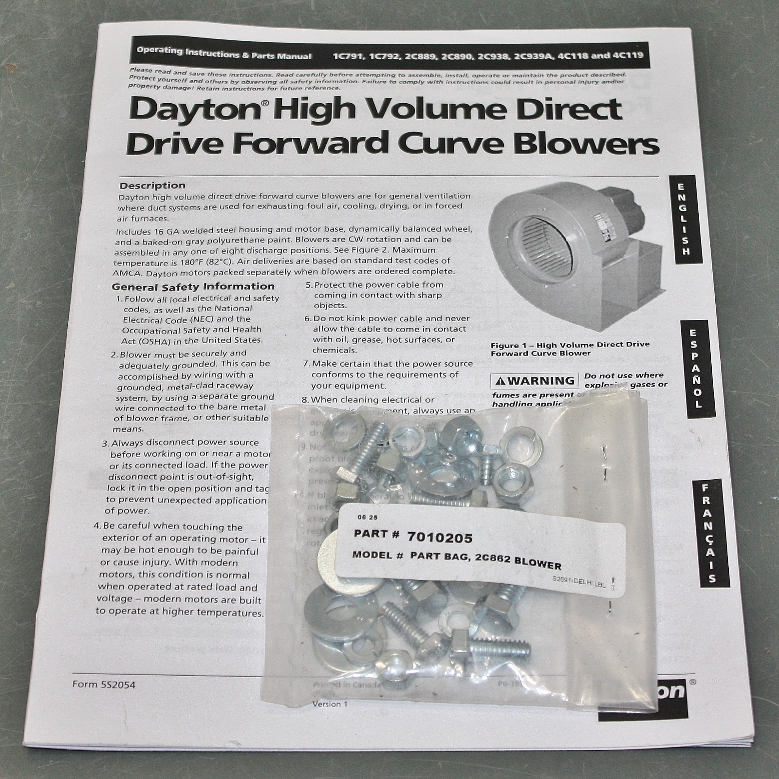 Dayton Blower Assembly 1C792, 7-3/4″ Wheel, Direct Drive, 360 cfm, 1725 rpm