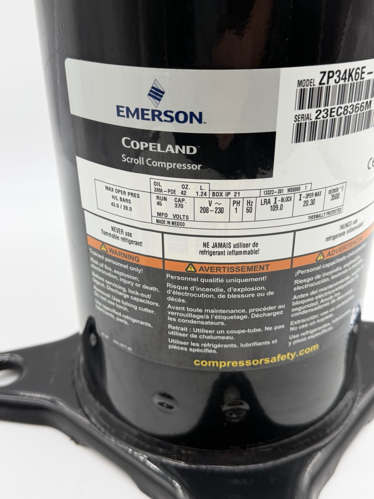 3 Ton Copeland ZP34K6E-PFV-130 Scroll Compressor R410A 208/230V 1 PH Tested