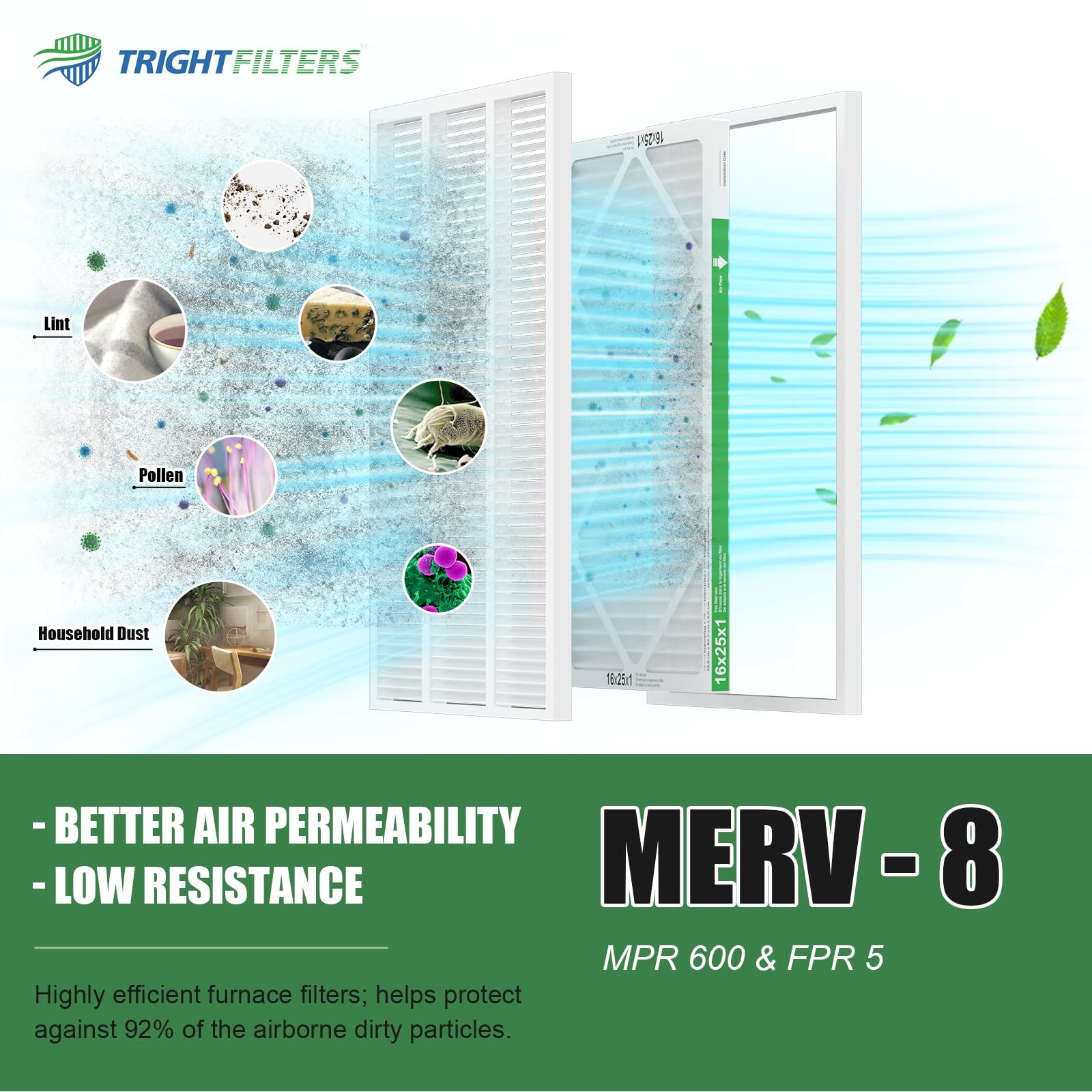 TRIGHTFILTERS 16x25x1 Air Filter 4 Pack, MERV 8 Pleated Dust Defense