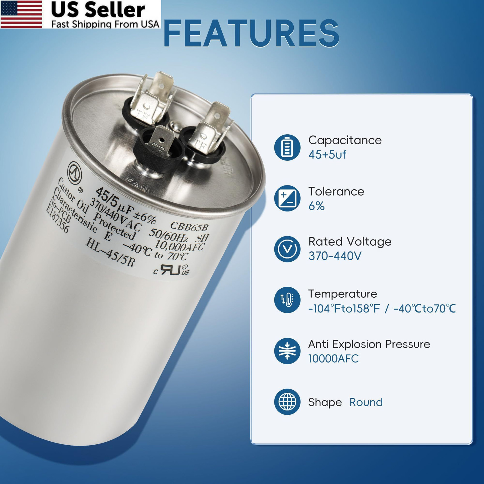 QYCKFIXR AC Capacitor 45+5 uF 45/5 MFD ±6% 370V/440VAC CBB65 Dual Run…