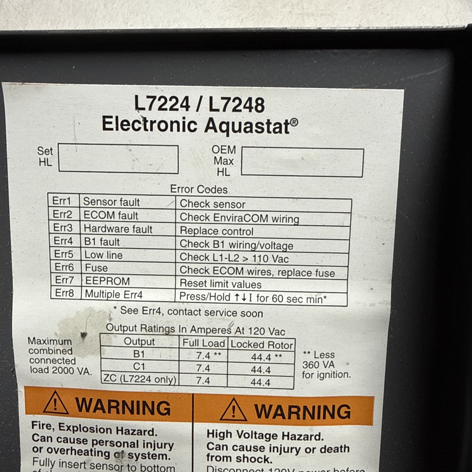 Honeywell L7224U-1002 Electronic Oil Aquastat