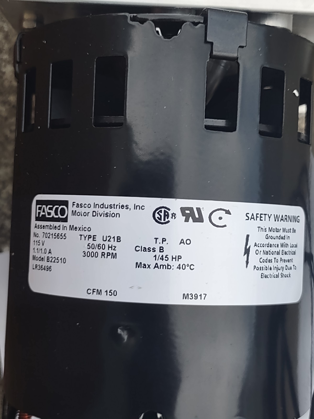 Fasco B22510 Centrifugal Blower Motor Assembly 115V 150 CFM 1-Phase 1.1A
