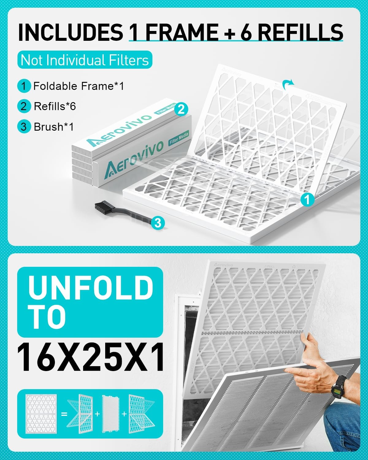 Aerovivo 16X25X1 Refillable Air Filter Kit Merv 8 1 Reusable Foldable 6 Refills