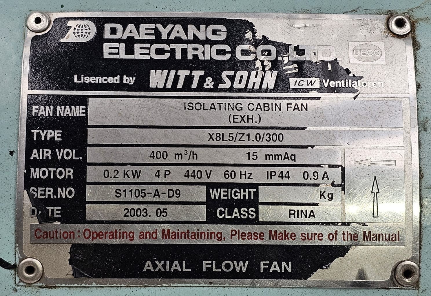 Daeyang Electric Co. X8L5/Z1.0/300 0.2 KW 60 HZ 440V ISOLATING CABIN FAN