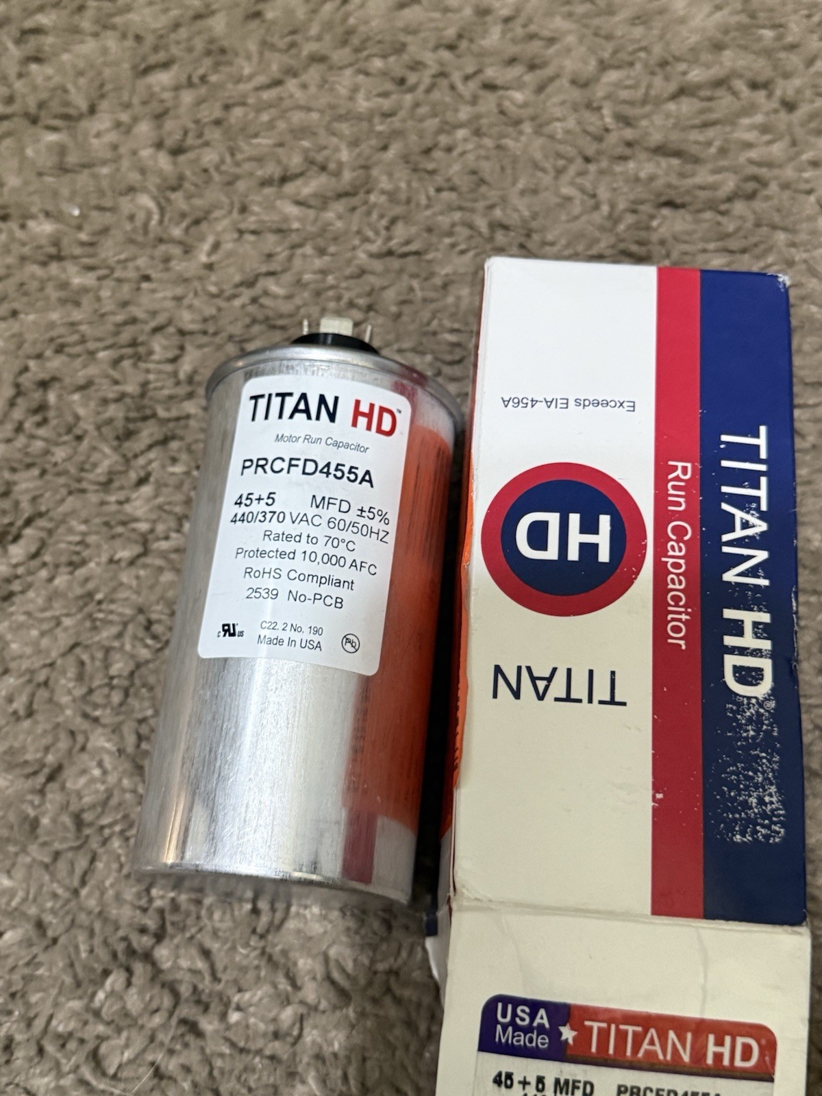 Packard Titan HD Run Capacitor, Round, 45+5 Mfd, 440-370V, USA Made!, PRCFD455A
