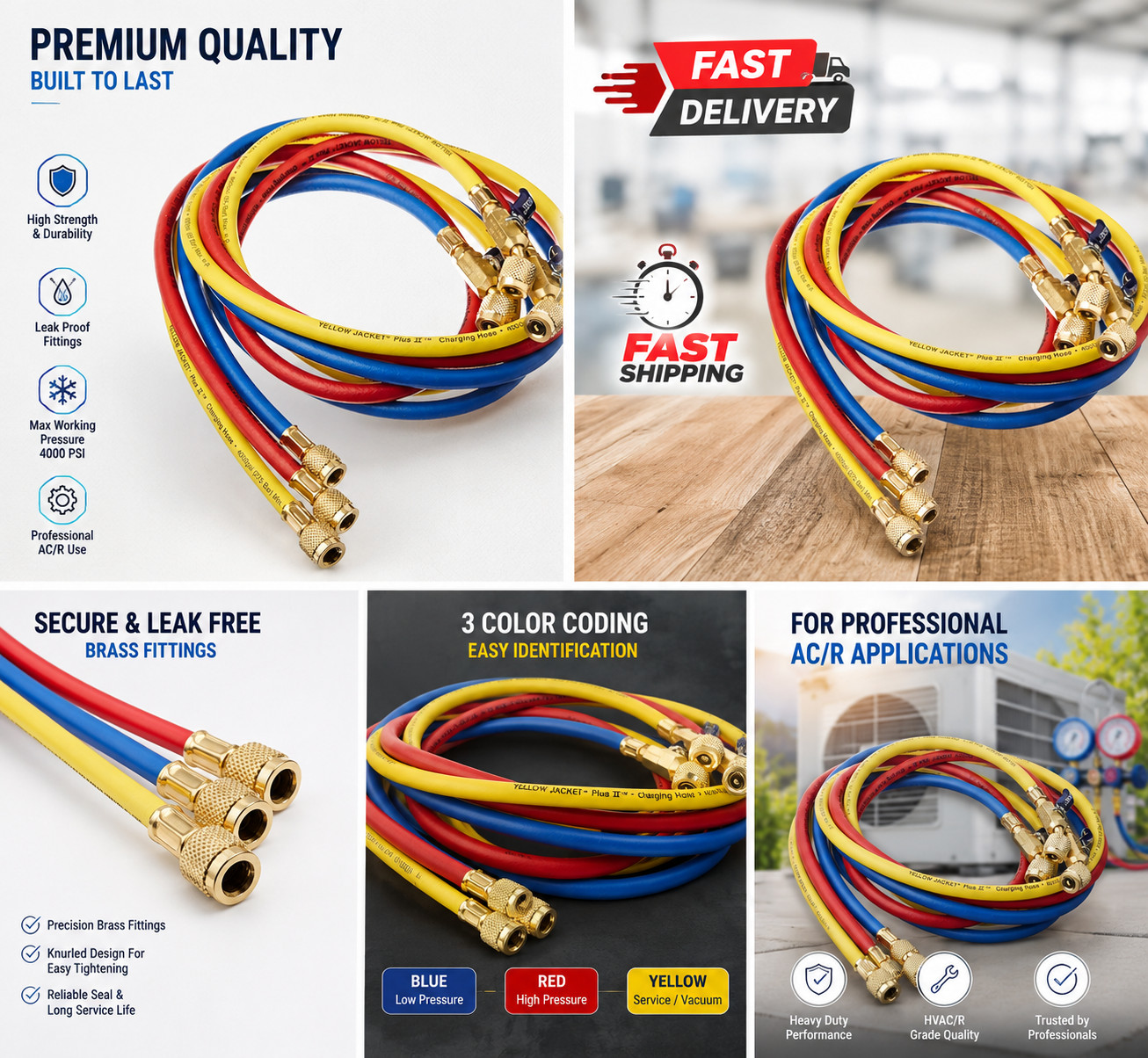 Yellow Jacket 29986 Plus II 1/4″ Hose with Compact Ball VALVES, 72″ (Pack of 3)