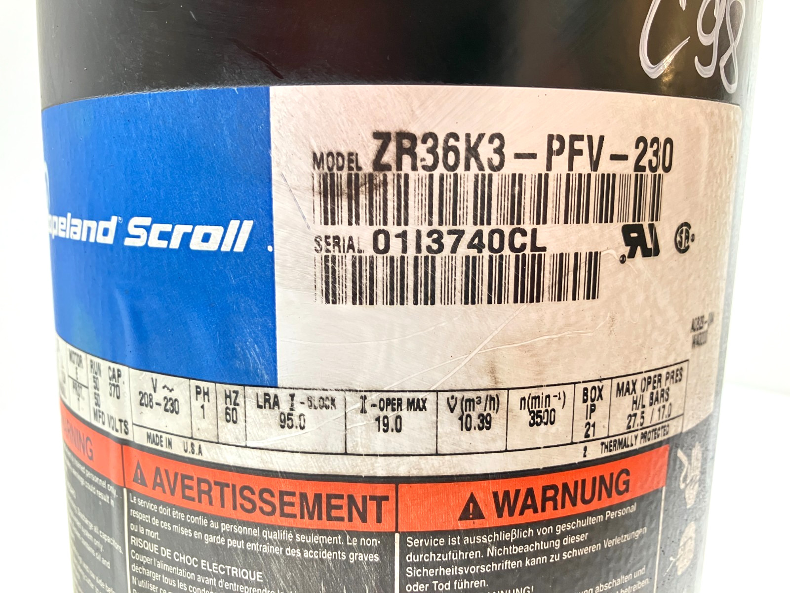 Copeland 3 Ton Scroll Compressor ZR36K3-PFV-230 1 PH 230 V R-22 used #C98