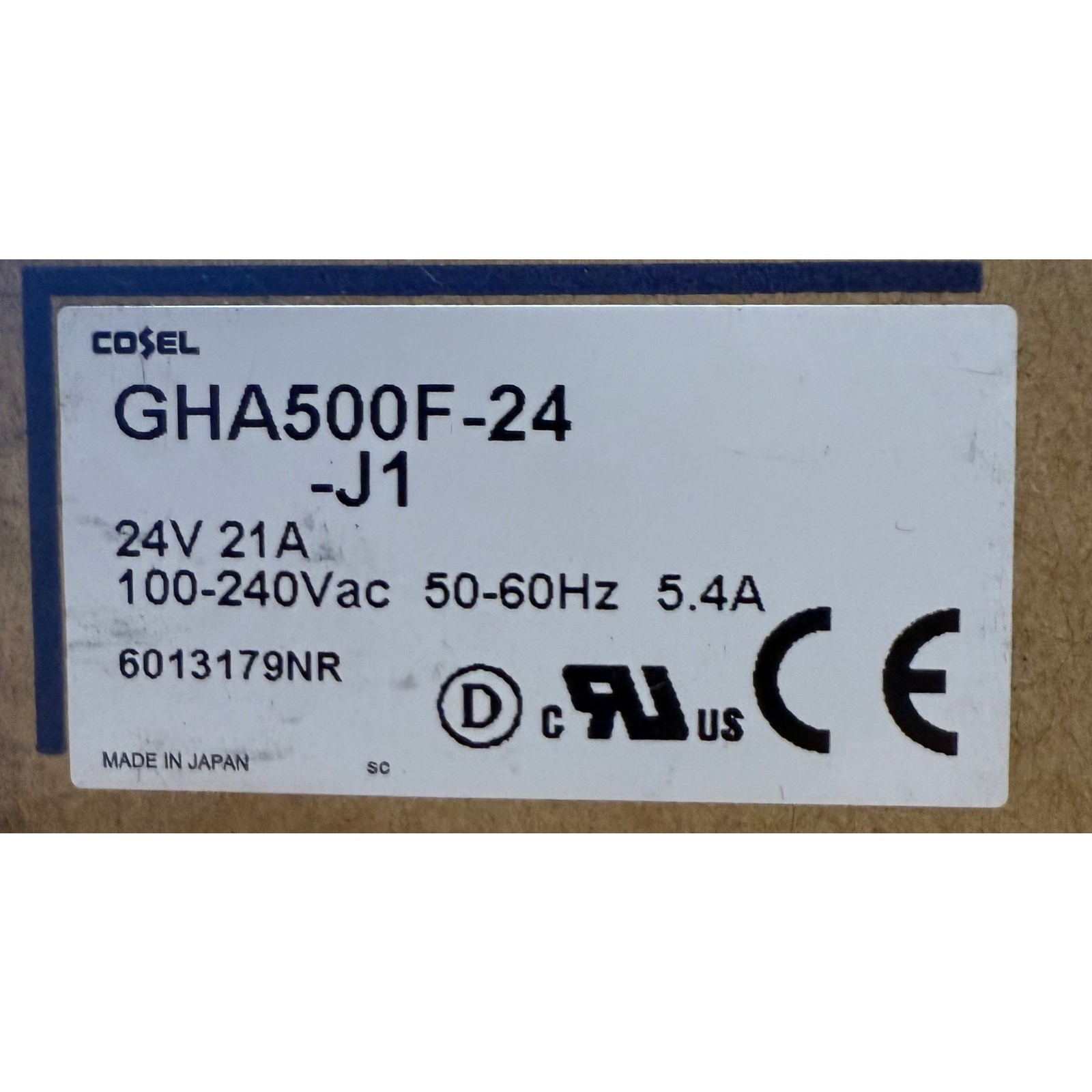 GHA500F-24-J1, AC-DC Power Supply, 24VDC 4.6/8.4/21A for Conv/Conduct/Forced