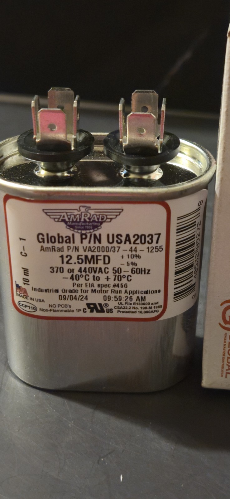 12.5 MFD x 370 / 440 VAC Oval Run Capacitor AmRad USA2031 – Made in the USA