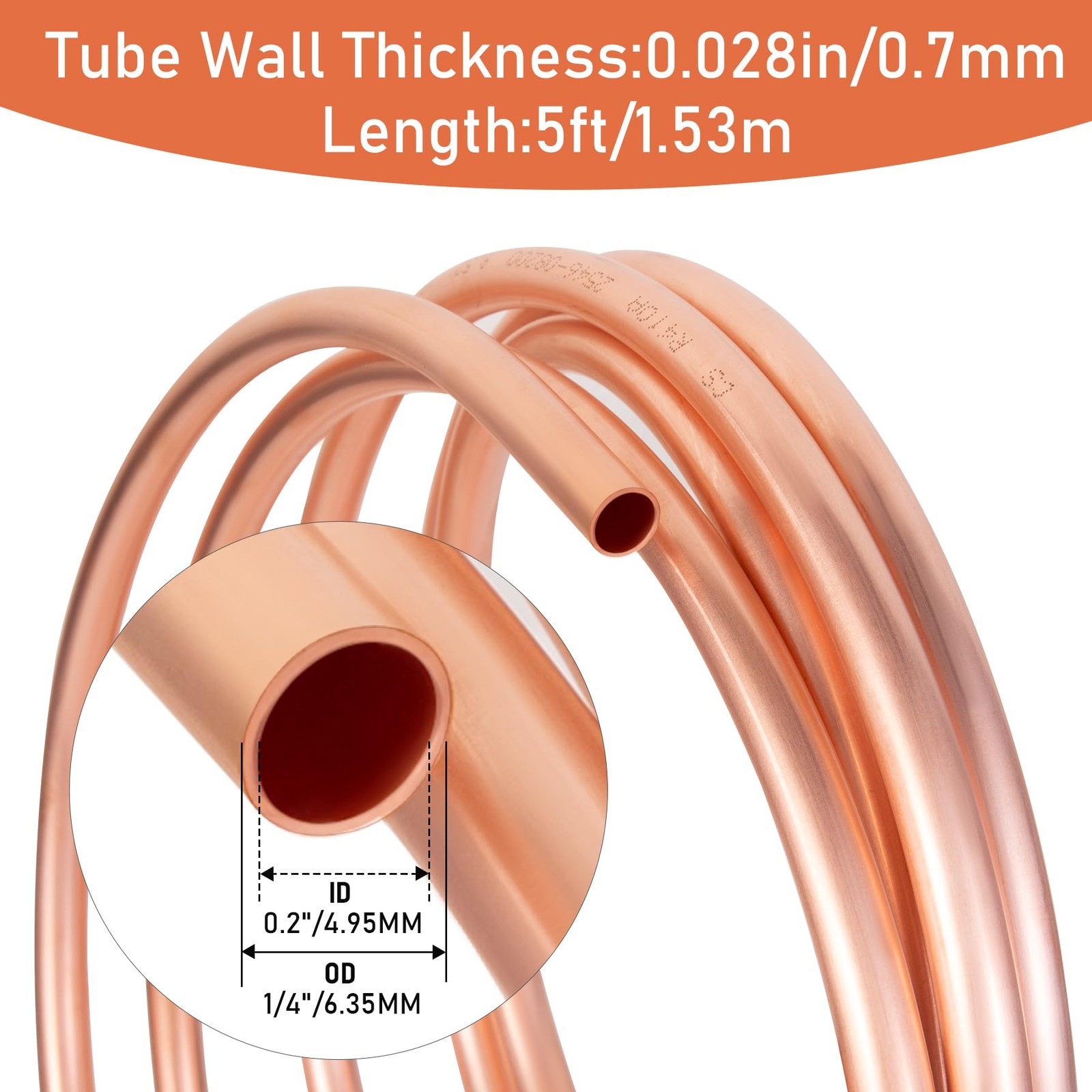 Copper Tubing 1/4″ OD x 0.19″ ID x 5 Ft – 99.9% C12200 Pure OD,