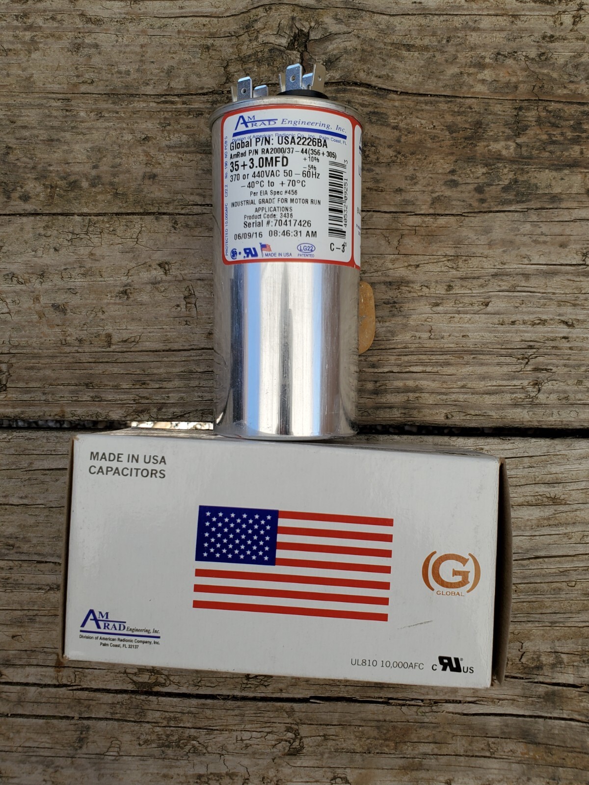 AmRad USA2226BA Round Run Capacitor 35+3 uF MFD 370 / 440 Volt Made in USA