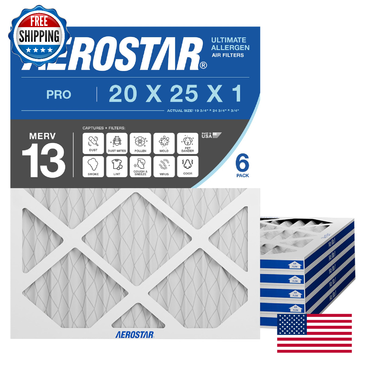 Aerostar 20X25X1 Merv 13 Air Filter 6 Count Actual Size 19.75 X 24.75 X 0.75