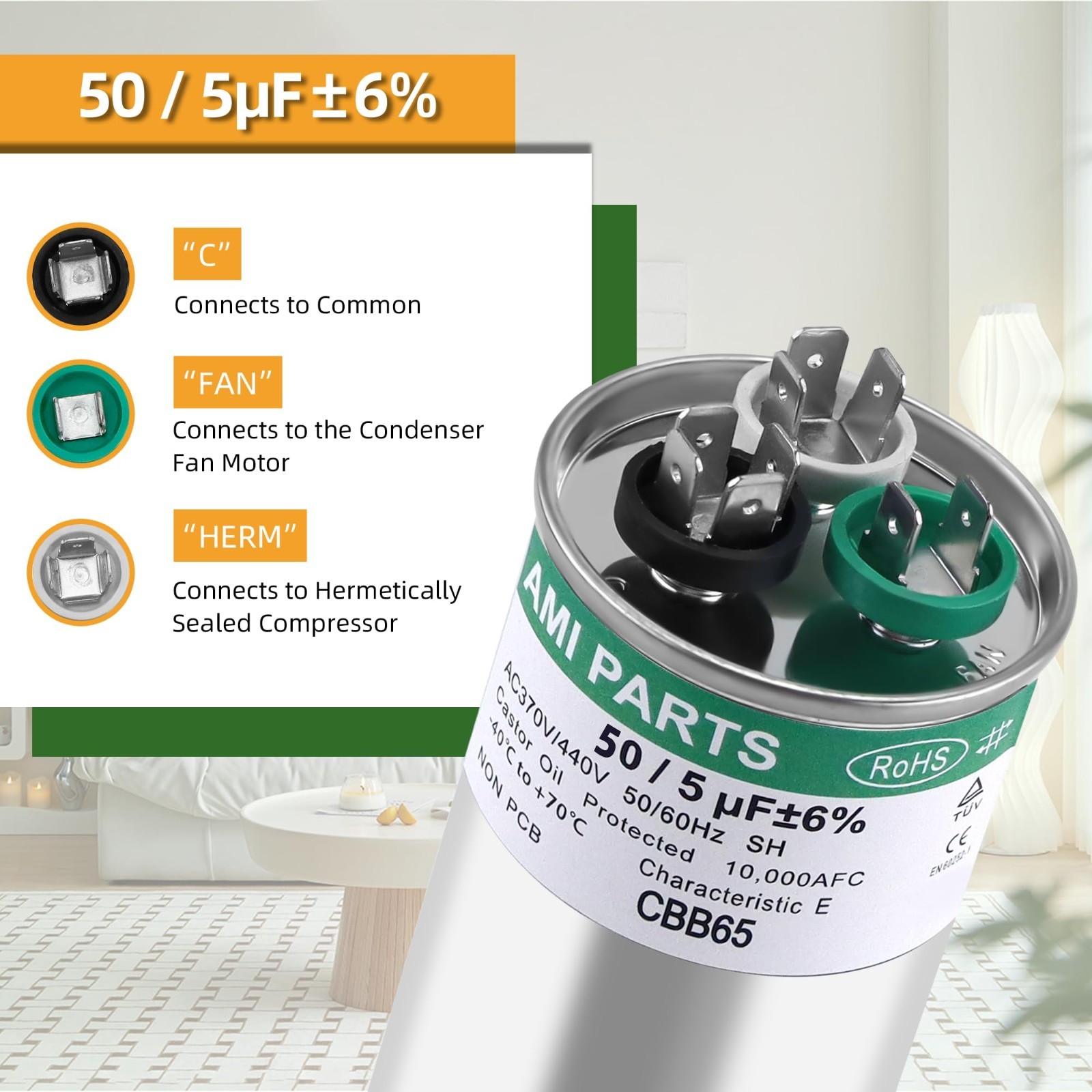50/5 MFD Dual Run Capacitor 370/440V for Heat Pump, AC, HVAC – CBB65 Replacement
