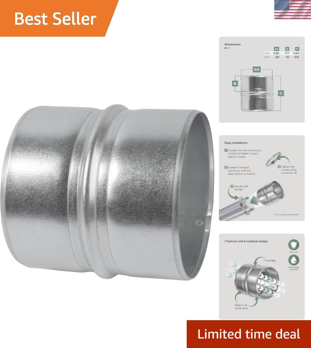 Versatile 4-Inch Galvanized Steel Duct Connector – Perfect for Custom Systems
