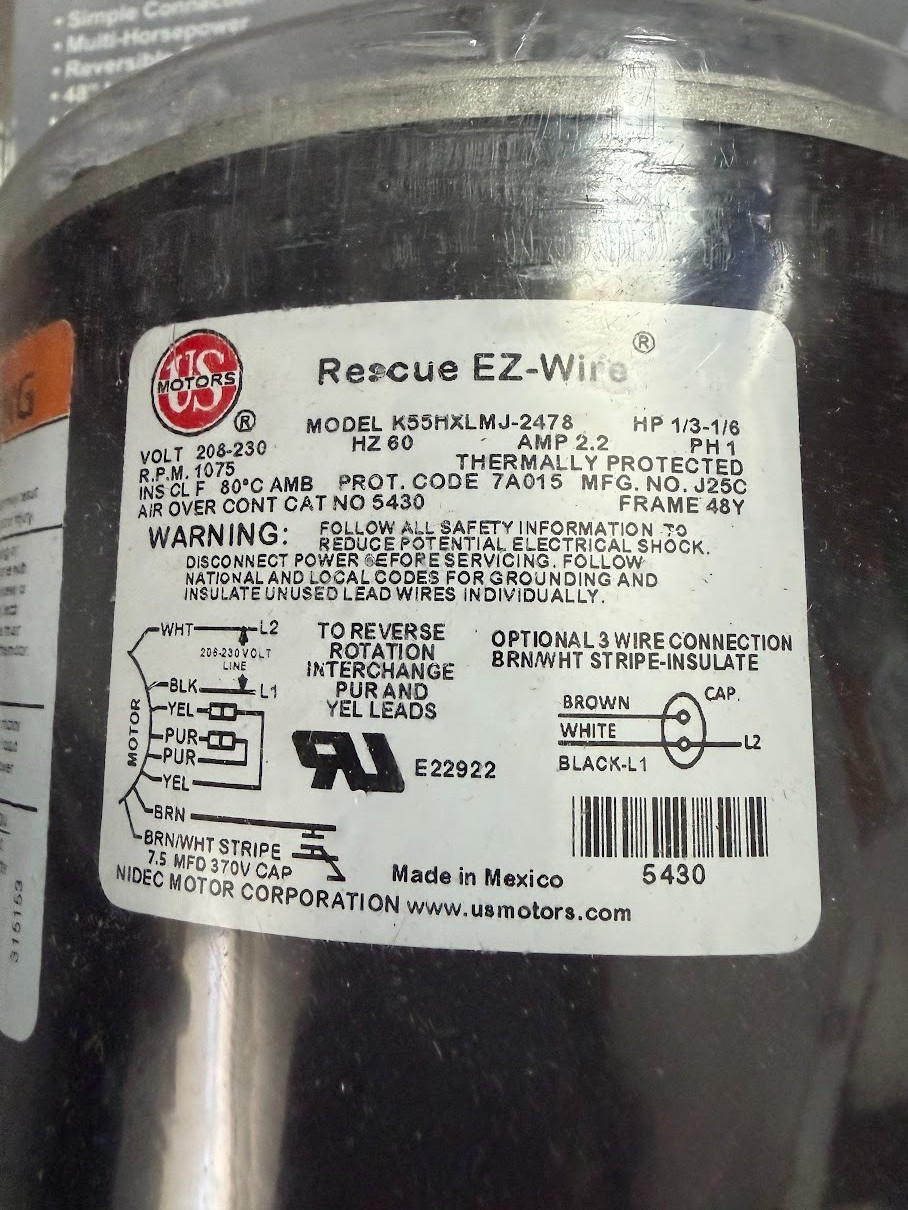 US Motors 5430 Rescue EZ-Wire Condenser Fan Motor HP: 1/3-1/6 RPM: 1075 208-230V