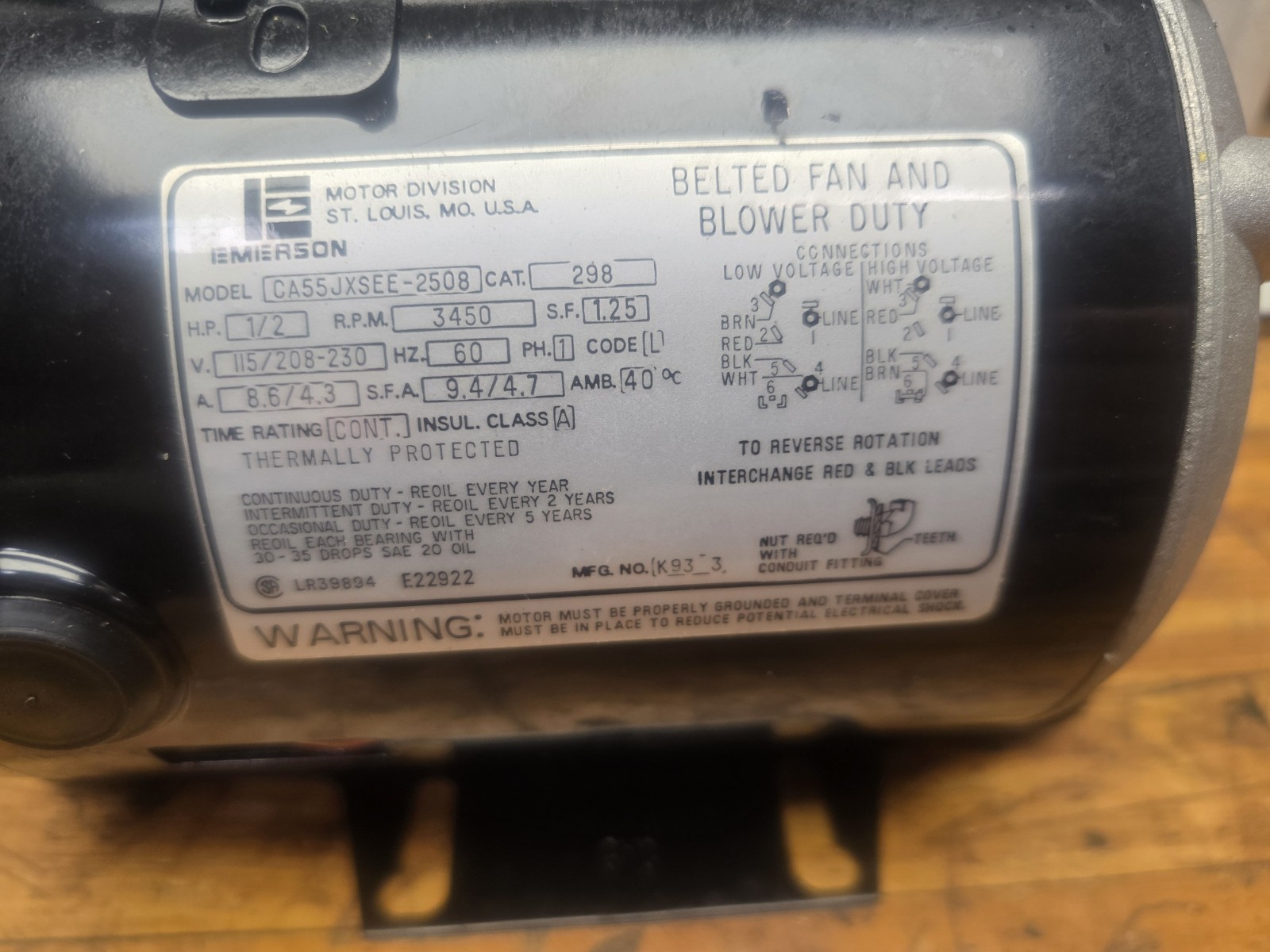 NEW Emerson USA 298 (K93-3) 1/2 HP Capacitor Start Belted Fan & Blower Motor