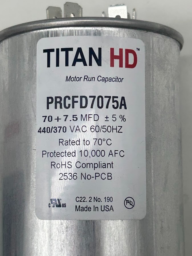 TITAN HD 70 + 7.5 MFD Dual Voltage Round Run Capacitor (440V/370V)