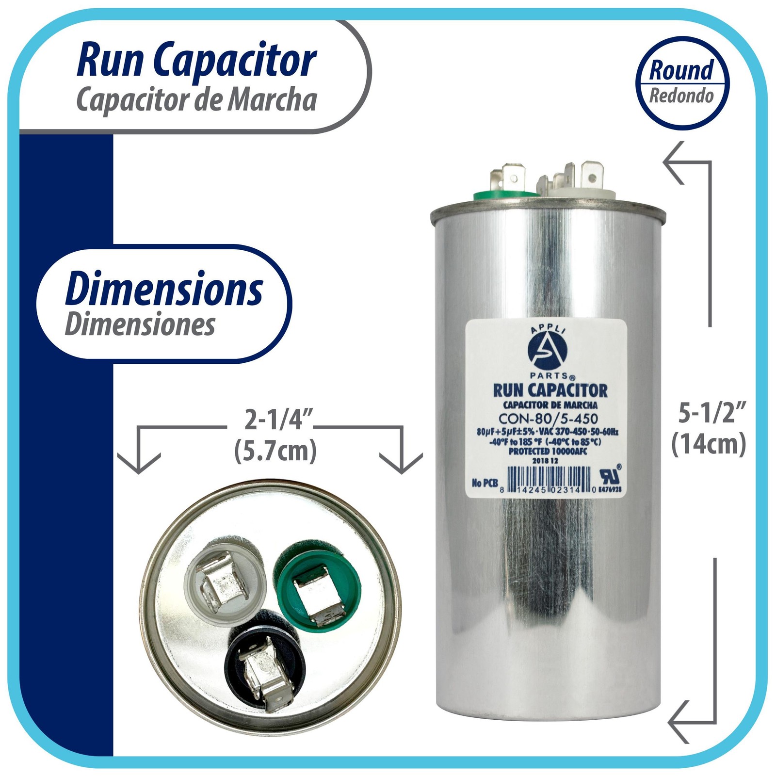 Appli Parts Dual Run Capacitor for ac 80+5 Mfd uF (microfarads) 370VAC or 450VAC