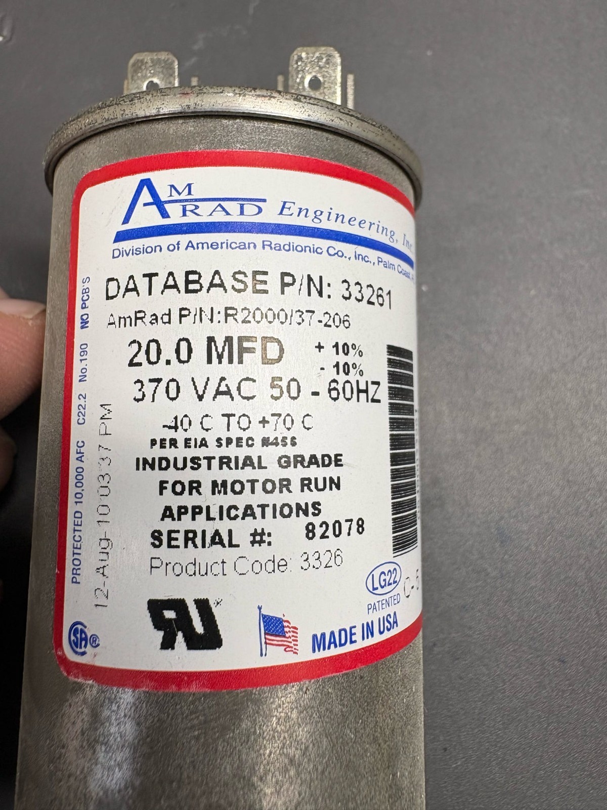 AmRad 20uF 370VAC Motor Run Capacitor 33261 R2000/37-206 USA HVAC