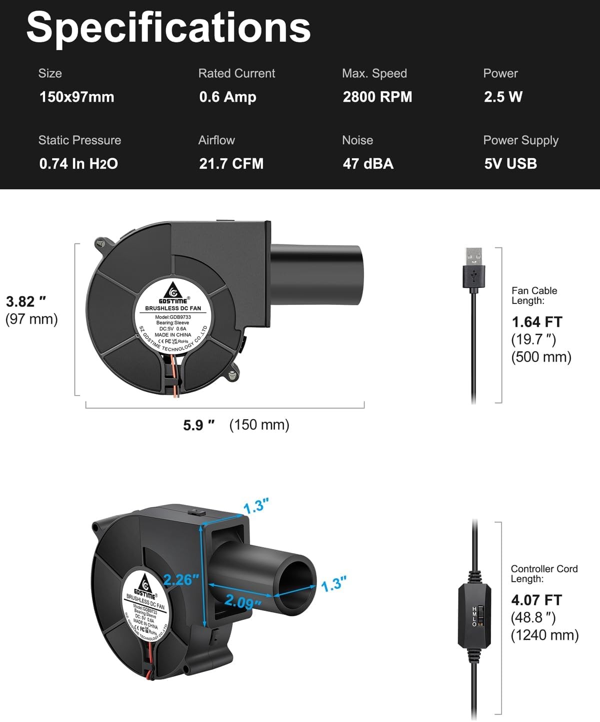 97mm x 33mm USB Blower Fan with Speed Control, Small 5V DC Brushless Centrifugal