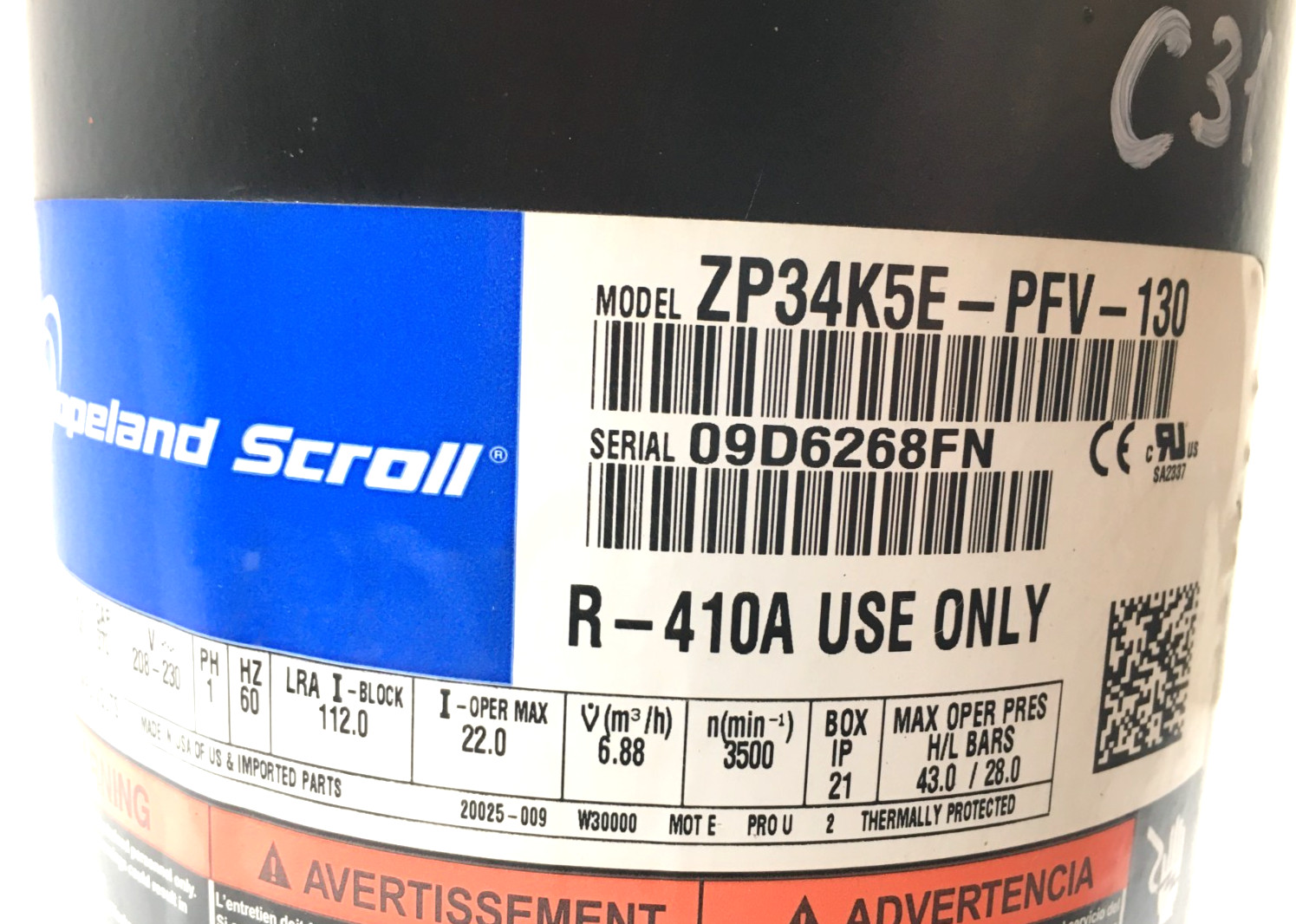 Copeland 3 ton Scroll Compressor ZP34K5E-PFV-130 1PH R-410A use only! used #C31