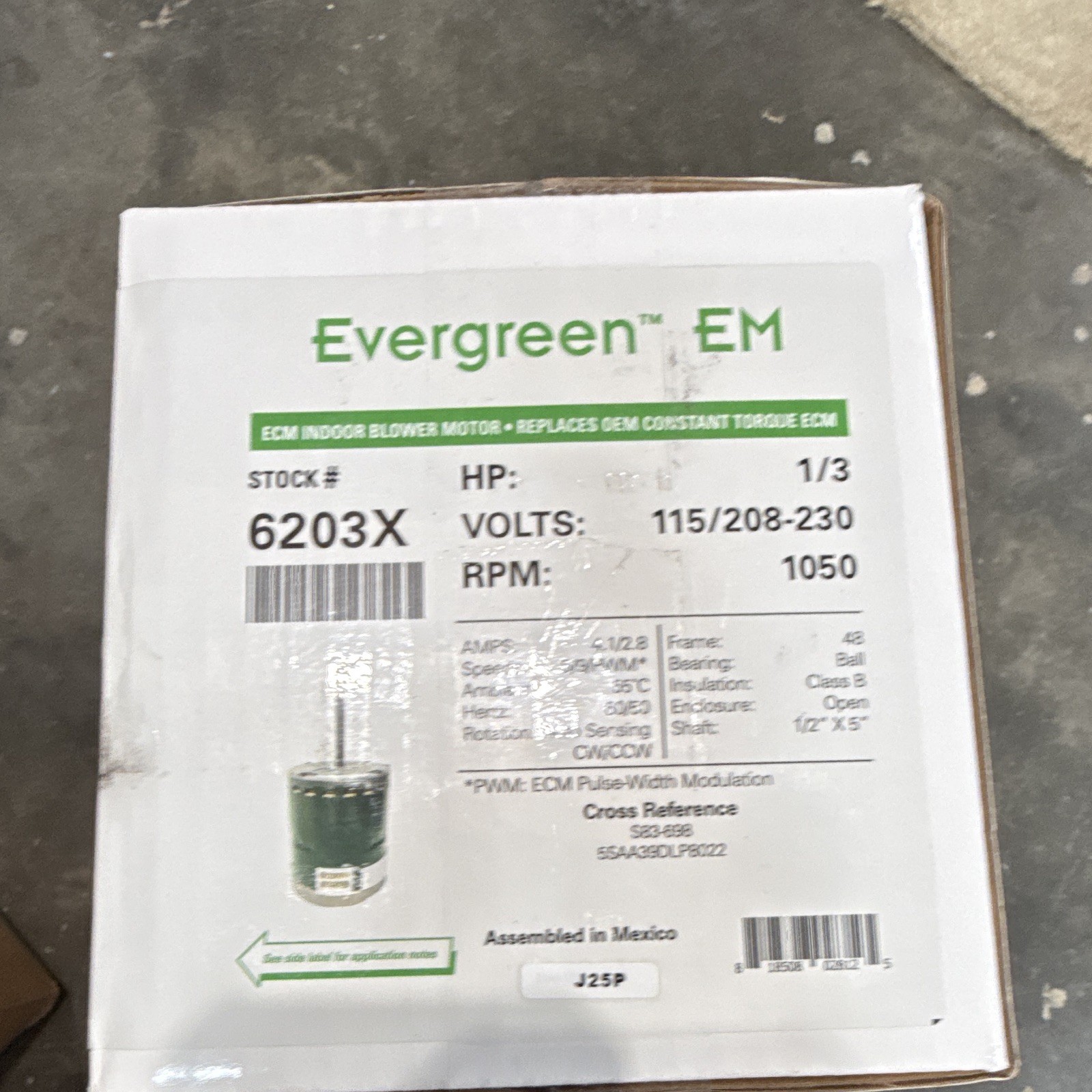 Evergreen EM Indoor Blower Motor 6203X 1/3HP 115/208-230V 1050RPM ECM PWM