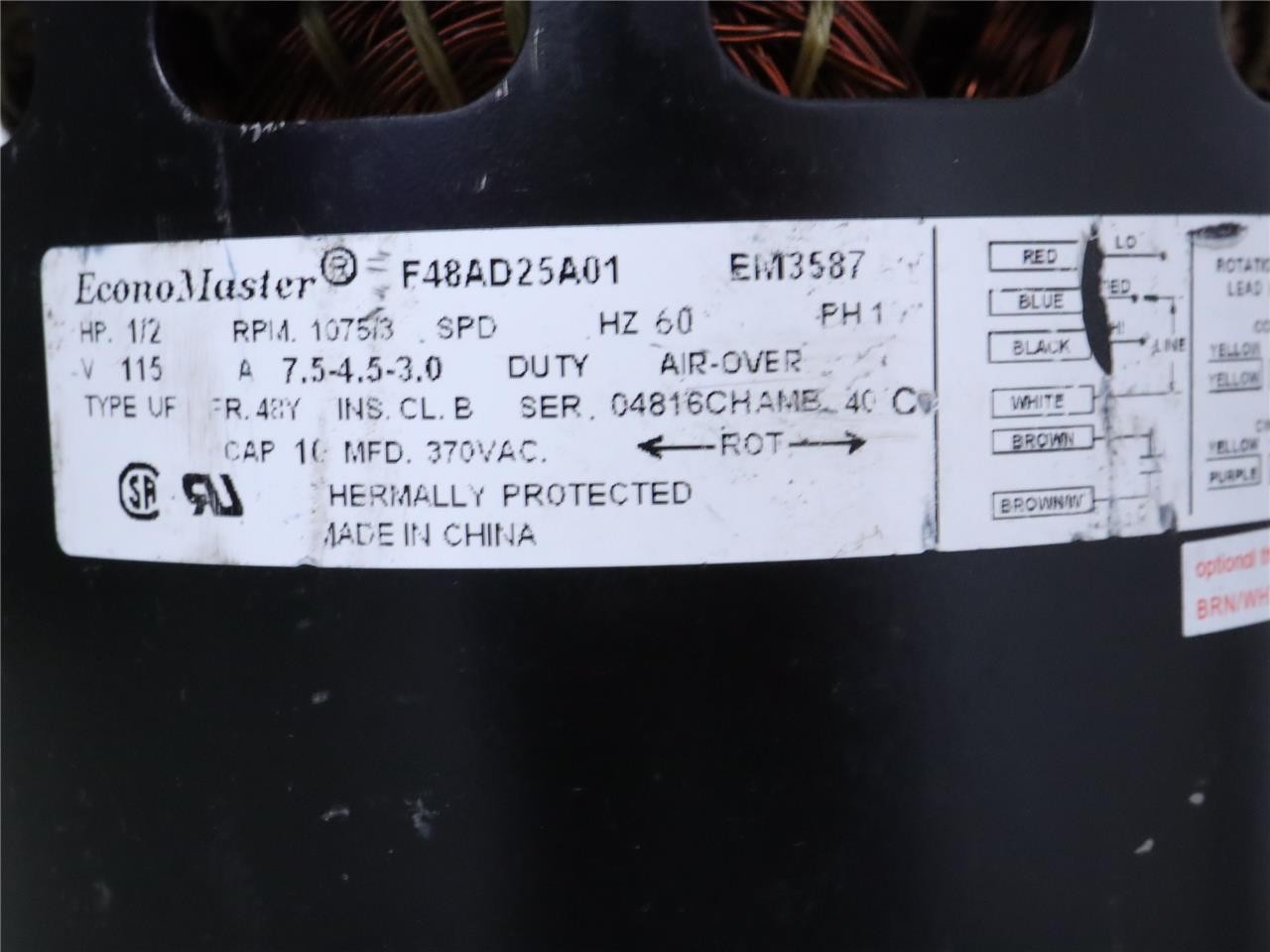 EconoMaster F48AD25A01 Furnace Blower Motor 1/2HP 1075RPM 115V 3SPD EM3587