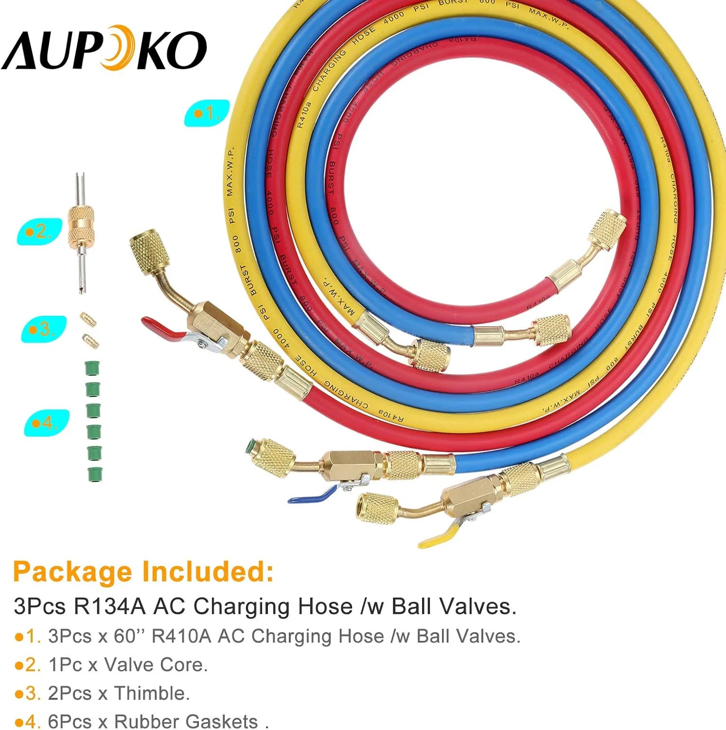 Aupoko AC Refrigerant Charging Hose with Ball Valve, 3-Color 60″ R410A HVAC Hose
