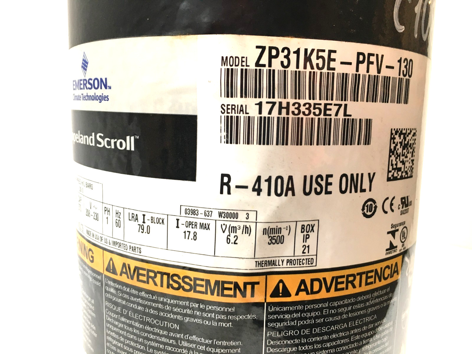 Copeland 2.5 Ton Scroll Compressor ZP31K5E-PFV-130 R410A 208/230V 1 PH used C108