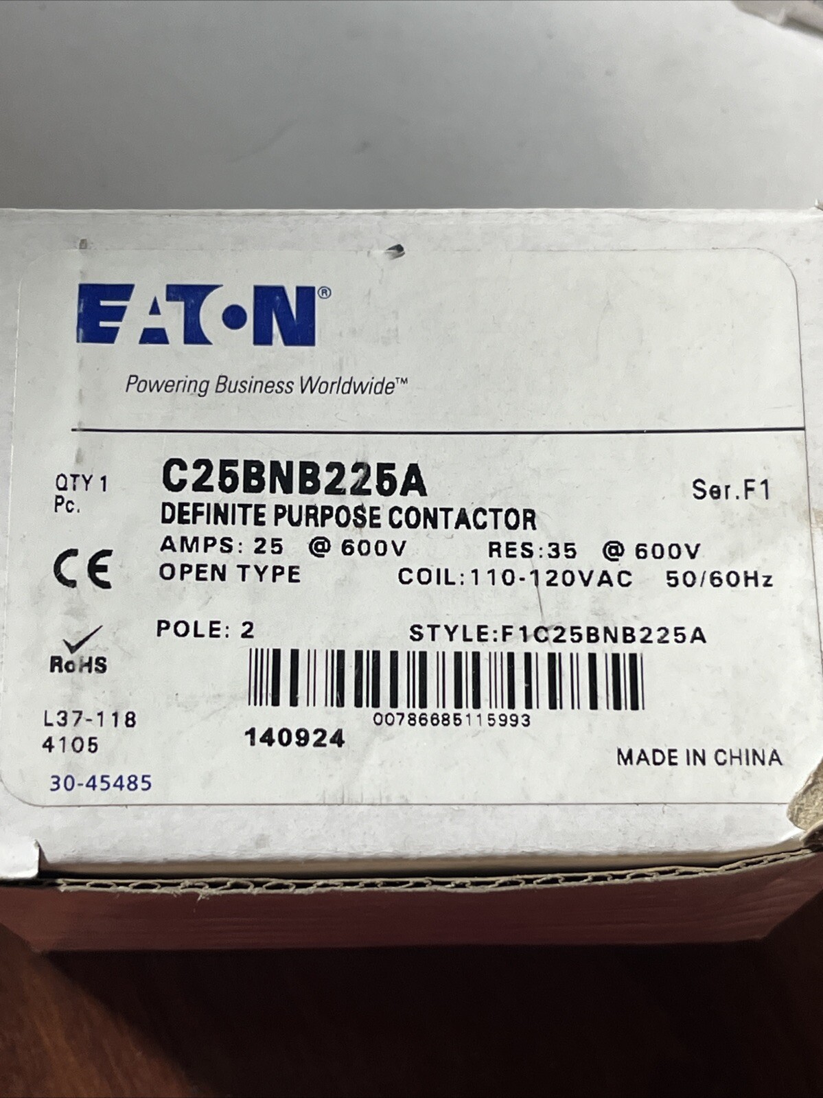 C25BNB225A Eaton / Cutler Hammer Contactor – 25 Amp / 2 Pole, 110/120V Coil, New