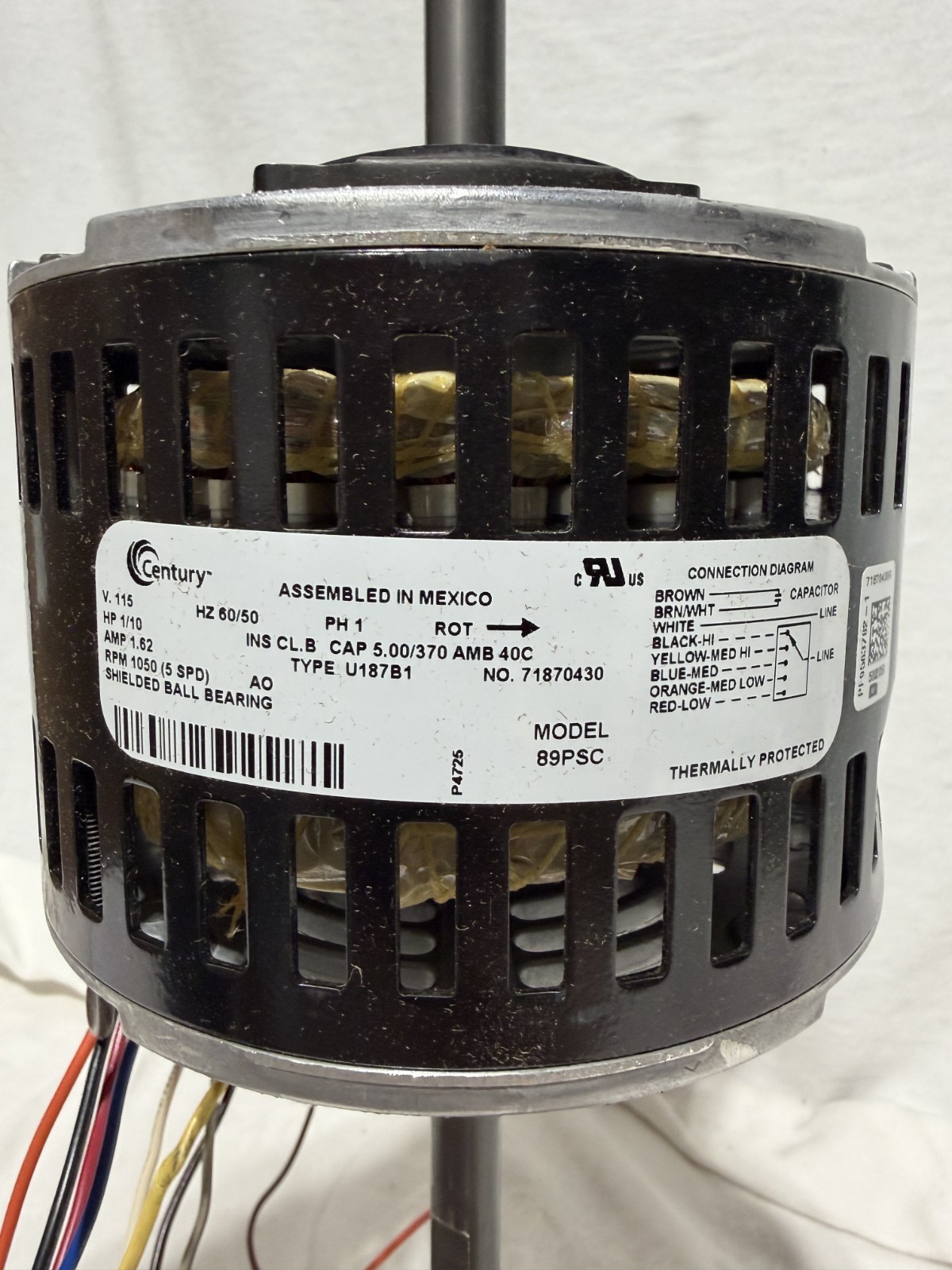 Century 89PSC Fan Coil & Air Conditioner Motor, 1/10 HP, 1Phase, 115V 5 Speed