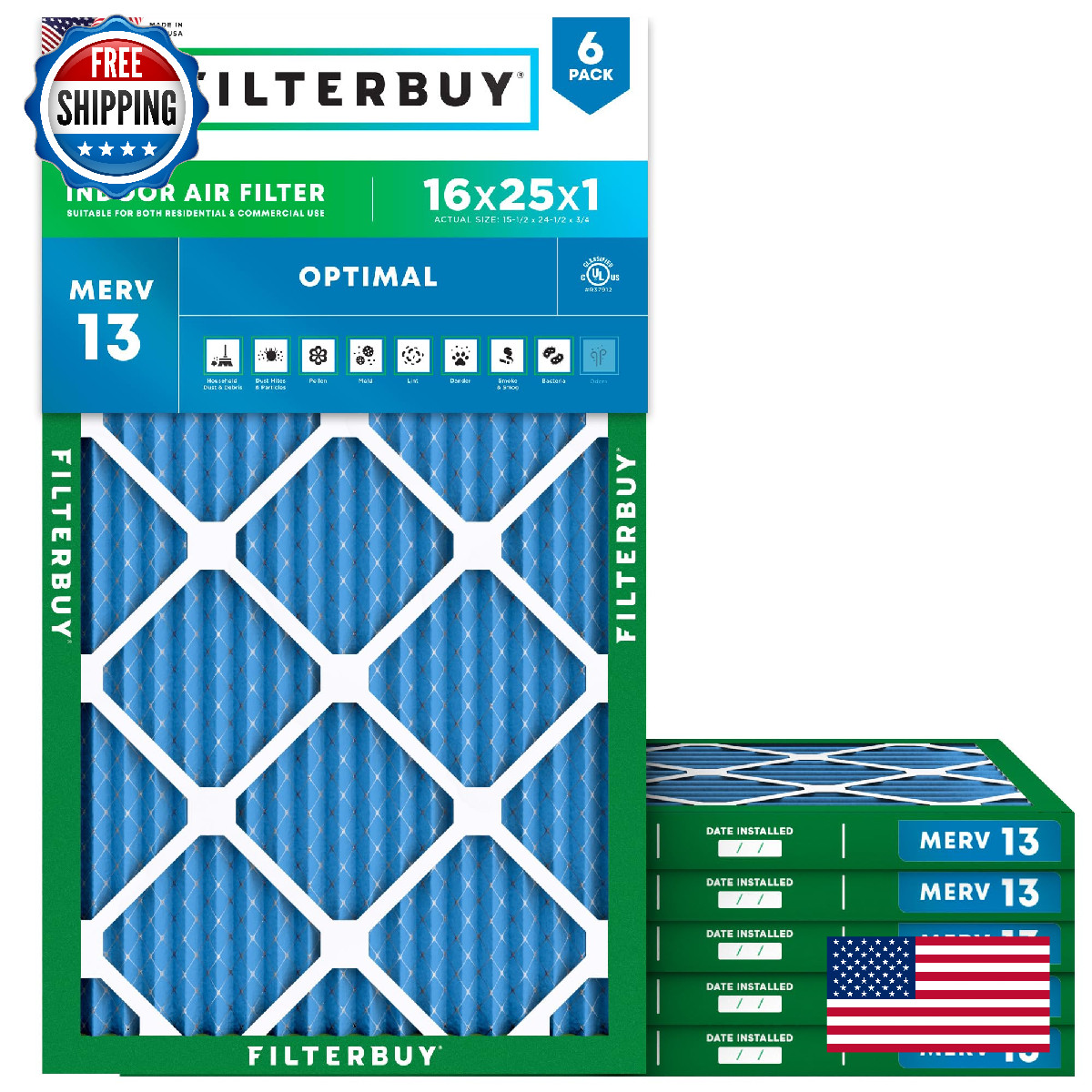 Filterbuy 16X25X1 Air Filter Merv 13 Optimal Defense 6-Pack Electrostatic