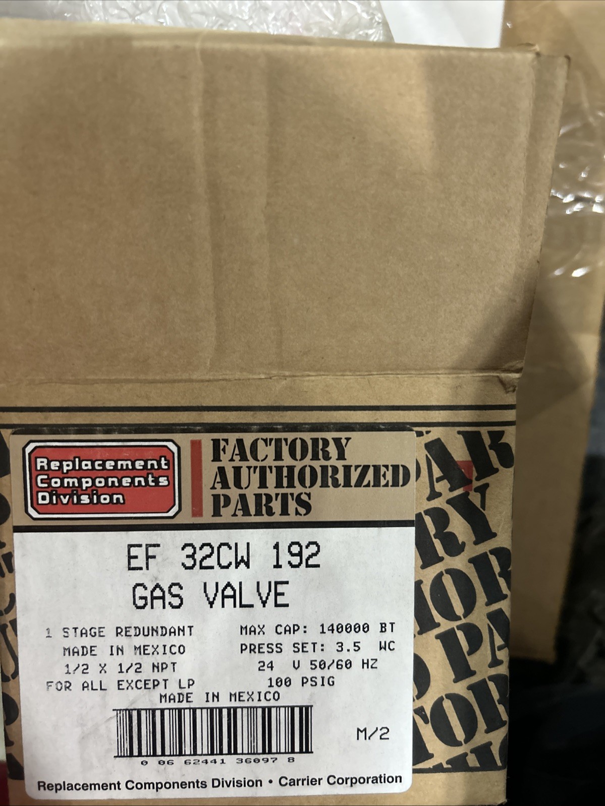 New Carrier EF32CW192 OEM Gas Valve – Redundant 1-Stage 24V EF-32CW-192