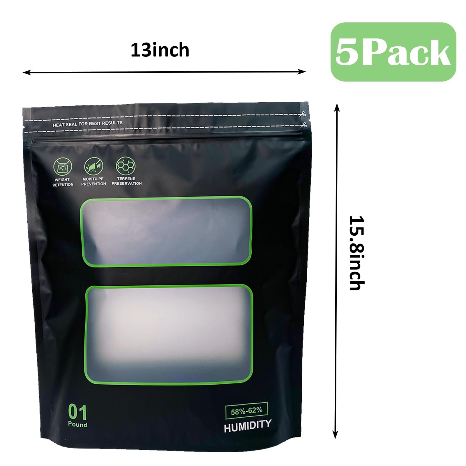 5PCS 1lb Terp Bags – 58%-62% RH 2-Way Humidity Control Onesize, Clear