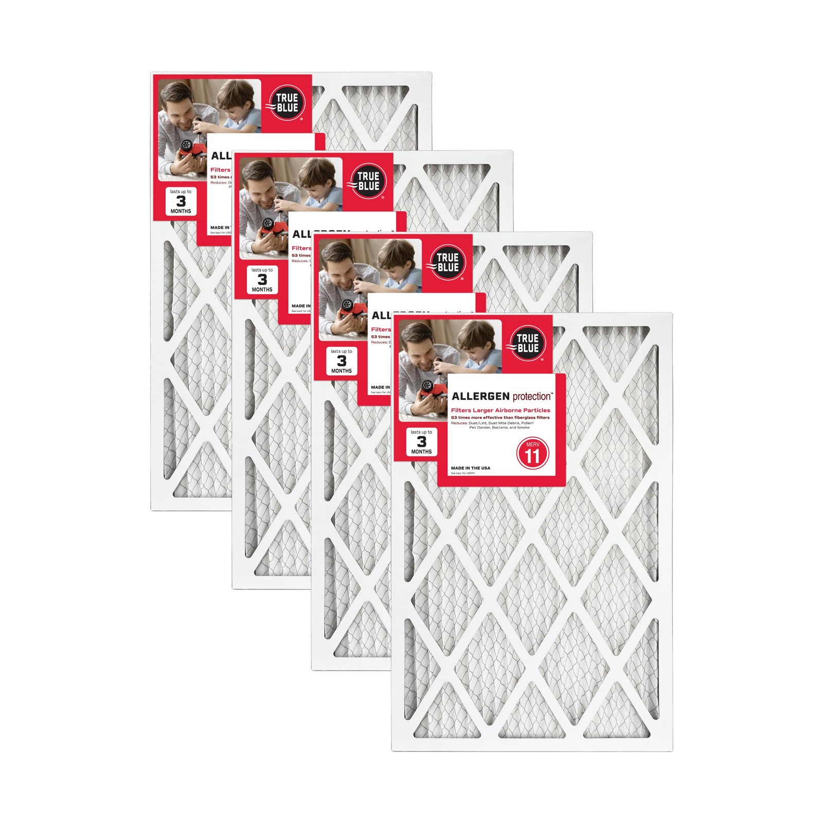 True Blue 16x25x1 MERV 11 Allergen Air Filter (4-Pack) 16″ x 25″ x 1″, White