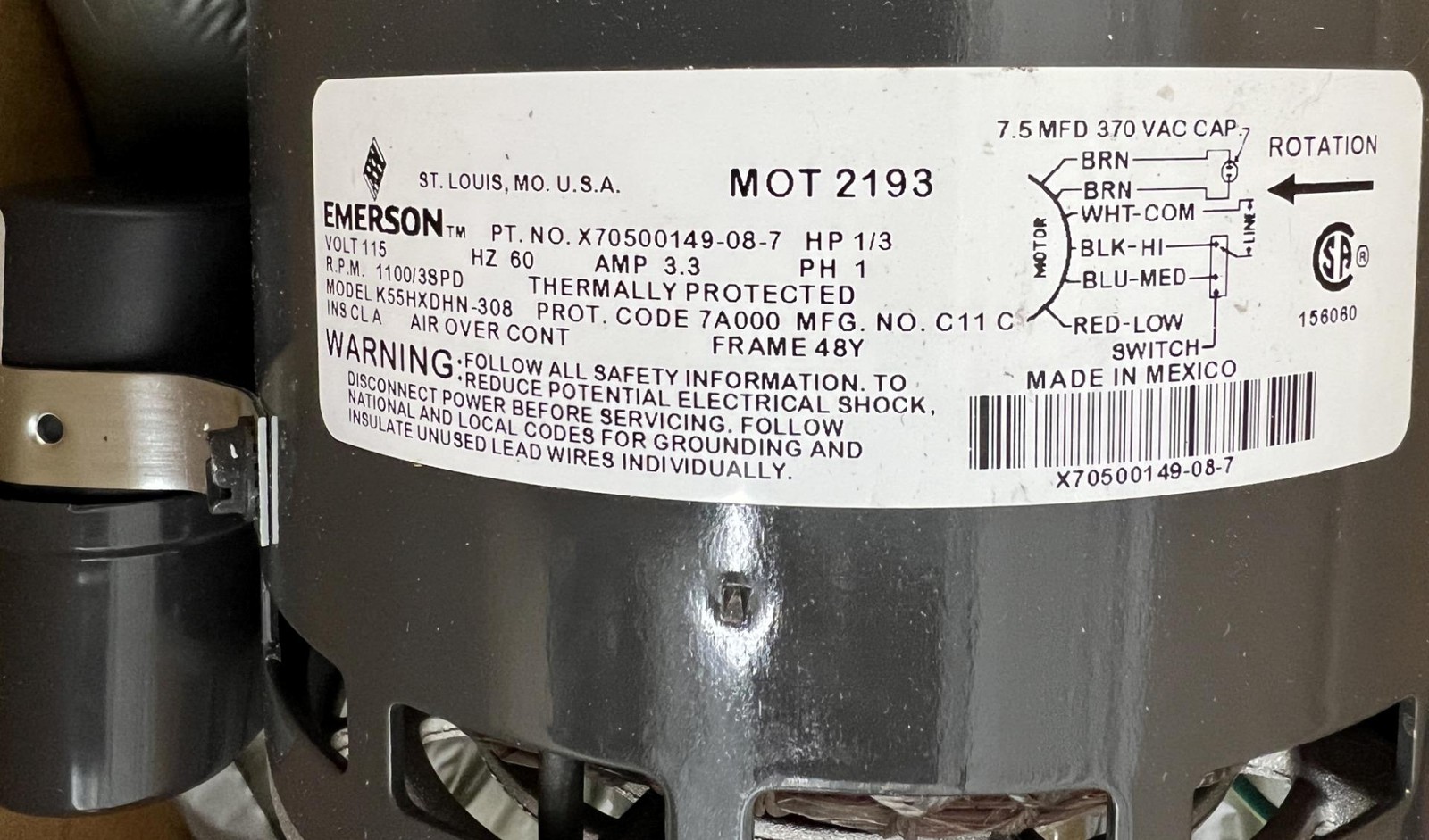 Emerson MOT2193, Fan Coil Motor, 1/3 HP, 115 V, 60 Hz, 1100 RPM, K55HXDHN-308